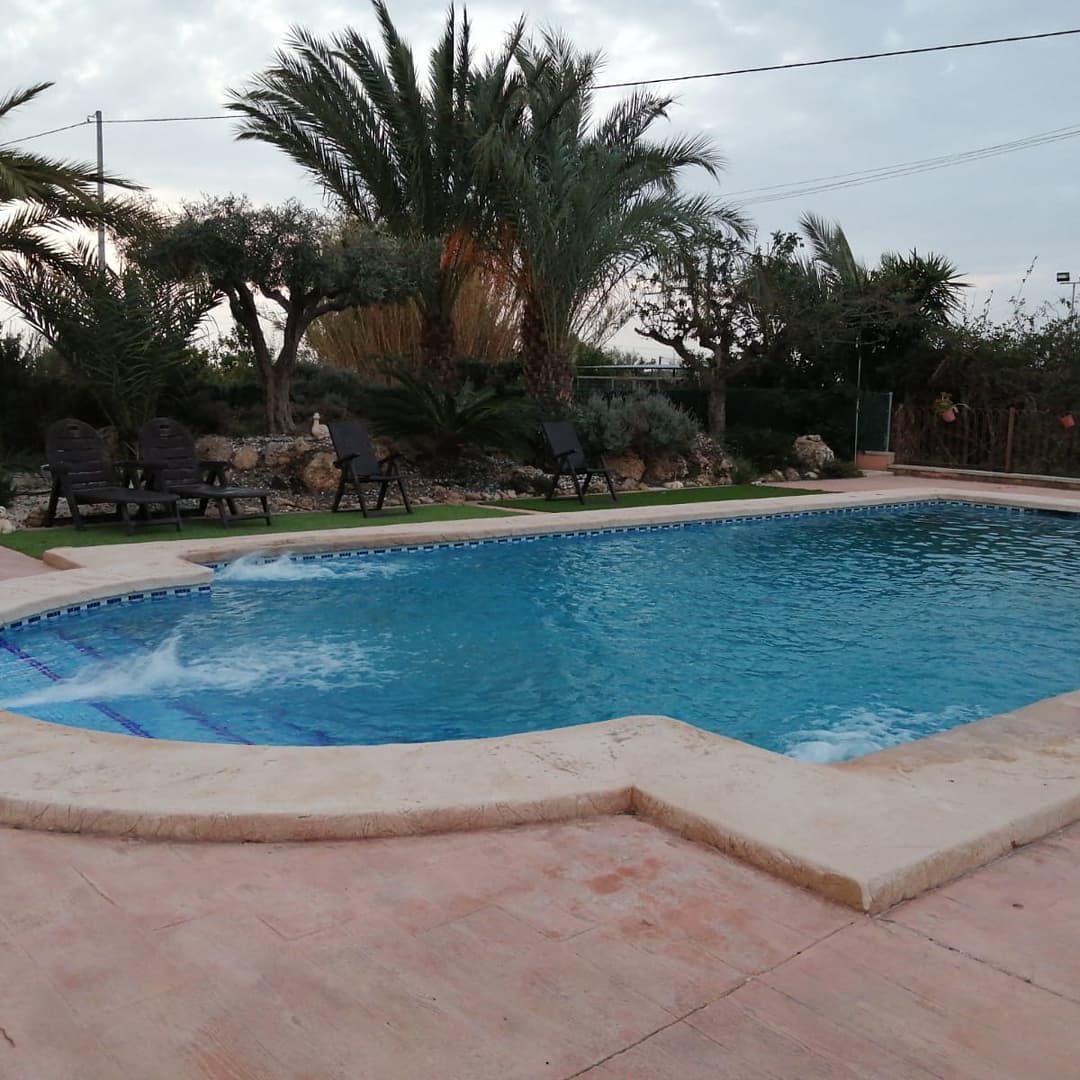 Piscina reformada con jardín y zona de descanso